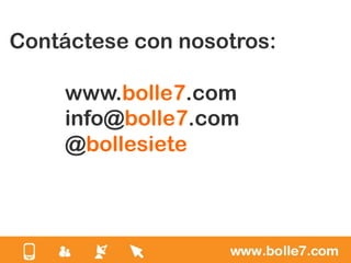 Contáctese con nosotros:

    www.bolle7.com
    info@bolle7.com
    @bollesiete
 