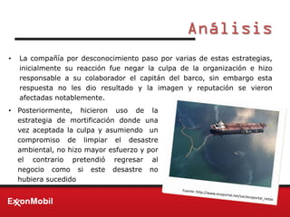 Análisis
• La compañía por desconocimiento paso por varias de estas estrategias,
inicialmente su reacción fue negar la culpa de la organización e hizo
responsable a su colaborador el capitán del barco, sin embargo esta
respuesta no les dio resultado y la imagen y reputación se vieron
afectadas notablemente.
• Posteriormente, hicieron uso de la
estrategia de mortificación donde una
vez aceptada la culpa y asumiendo un
compromiso de limpiar el desastre
ambiental, no hizo mayor esfuerzo y por
el contrario pretendió regresar al
negocio como si este desastre no
hubiera sucedido
 