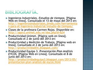  Ingenieros Industriales. Estudios de tiempos. [Página
Web en línea]. Consultado el 13 de mayo del 2013 en:
http://ingenierosindustriales.jimdo.com/herramienta
s-para-el-ingeniero-industrial/estudio-de-tiempos/
 Clases de la profesora Carmen Rojas. Disponible en:
http://agora.unimet.edu.ve/dos.php?d=624
 Productividad-Unimet. [Página web en línea].
Consultado el 2 de junio del 2013 en:
 Productividad y Medición de Trabajo. [Página web en
línea]. Consultado el 2 de junio del 2013 en:
http://productividadmt.blogspot.com/
 Productividad Equipo 3. Presentación Plan Análisis
EYCOS. [Página Web en Línea]. Consultado el 8 de
junio del 2013 en:
http://productividadequipo3.blogspot.com/2013/05/
presentacion-plan-analisis-de-eycos.html
 
