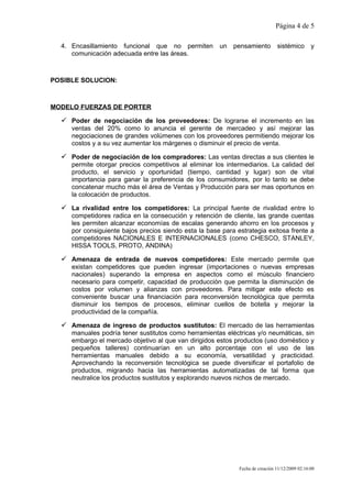 Página 4 de 5

  4. Encasillamiento funcional que no permiten         un   pensamiento         sistémico        y
     comunicación adecuada entre las áreas.



POSIBLE SOLUCION:



MODELO FUERZAS DE PORTER

   Poder de negociación de los proveedores: De lograrse el incremento en las
     ventas del 20% como lo anuncia el gerente de mercadeo y así mejorar las
     negociaciones de grandes volúmenes con los proveedores permitiendo mejorar los
     costos y a su vez aumentar los márgenes o disminuir el precio de venta.

   Poder de negociación de los compradores: Las ventas directas a sus clientes le
     permite otorgar precios competitivos al eliminar los intermediarios. La calidad del
     producto, el servicio y oportunidad (tiempo, cantidad y lugar) son de vital
     importancia para ganar la preferencia de los consumidores, por lo tanto se debe
     concatenar mucho más el área de Ventas y Producción para ser mas oportunos en
     la colocación de productos.

   La rivalidad entre los competidores: La principal fuente de rivalidad entre lo
     competidores radica en la consecución y retención de cliente, las grande cuentas
     les permiten alcanzar economías de escalas generando ahorro en los procesos y
     por consiguiente bajos precios siendo esta la base para estrategia exitosa frente a
     competidores NACIONALES E INTERNACIONALES (como CHESCO, STANLEY,
     HISSA TOOLS, PROTO, ANDINA)

   Amenaza de entrada de nuevos competidores: Este mercado permite que
     existan competidores que pueden ingresar (importaciones o nuevas empresas
     nacionales) superando la empresa en aspectos como el músculo financiero
     necesario para competir, capacidad de producción que permita la disminución de
     costos por volumen y alianzas con proveedores. Para mitigar este efecto es
     conveniente buscar una financiación para reconversión tecnológica que permita
     disminuir los tiempos de procesos, eliminar cuellos de botella y mejorar la
     productividad de la compañía.

   Amenaza de ingreso de productos sustitutos: El mercado de las herramientas
     manuales podría tener sustitutos como herramientas eléctricas y/o neumáticas, sin
     embargo el mercado objetivo al que van dirigidos estos productos (uso doméstico y
     pequeños talleres) continuarían en un alto porcentaje con el uso de las
     herramientas manuales debido a su economía, versatilidad y practicidad.
     Aprovechando la reconversión tecnológica se puede diversificar el portafolio de
     productos, migrando hacia las herramientas automatizadas de tal forma que
     neutralice los productos sustitutos y explorando nuevos nichos de mercado.




                                                              Fecha de creación 11/12/2009 02:16:00
 