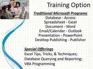 Training Option
Traditional Microsoft Programs
Database - Access
Spreadsheet - Excel
Document - Word
Email/Calendar - Outlook
Presentation - PowerPoint
Desktop Publishing - Publisher
Special Offerings
Excel Tips, Tricks, & Techniques;
Database Querying and Reporting;
VBA Programming
 