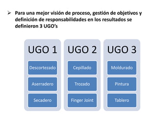  Para una mejor visión de proceso, gestión de objetivos y
definición de responsabilidades en los resultados se
definieron 3 UGO’s
UGO 1
Descortezado
Aserradero
Secadero
UGO 2
Cepillado
Trozado
Finger Joint
UGO 3
Moldurado
Pintura
Tablero
 