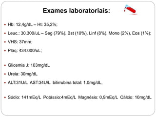 Exames laboratoriais:
 Hb: 12,4g/dL – Ht: 35,2%;
 Leuc.: 30.300/uL – Seg (79%), Bst (10%), Linf (8%), Mono (2%), Eos (1%);
 VHS: 37mm;
 Plaq: 434.000/uL;
 Glicemia J: 103mg/dL
 Ureia: 30mg/dL
 ALT:31U/L AST:34U/L bilirrubina total: 1.0mg/dL,
 Sódio: 141mEq/L Potássio:4mEq/L Magnésio: 0,9mEq/L Cálcio: 10mg/dL
 