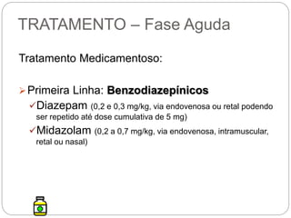 Tratamento Medicamentoso:
Primeira Linha: Benzodiazepínicos
Diazepam (0,2 e 0,3 mg/kg, via endovenosa ou retal podendo
ser repetido até dose cumulativa de 5 mg)
Midazolam (0,2 a 0,7 mg/kg, via endovenosa, intramuscular,
retal ou nasal)
TRATAMENTO – Fase Aguda
 