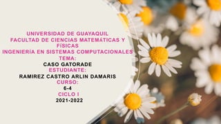 UNIVERSIDAD DE GUAYAQUIL
FACULTAD DE CIENCIAS MATEMÁTICAS Y
FÍSICAS
INGENIERÍA EN SISTEMAS COMPUTACIONALES
TEMA:
CASO GATORADE
ESTUDIANTE:
RAMIREZ CASTRO ARLIN DAMARIS
CURSO:
6-4
CICLO I
2021-2022
 