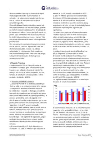 EMPRESAS CORPORATIVAS Gloria – Diciembre 2012
9
alcanzado también el liderazgo en el mercado de yogurt,
impulsado por la diversidad de presentaciones, de
variedades y de sabores, comercializados bajo diversas
marcas, cada una de ellas enfocada en un tipo de
consumidor específico.
El mercado del yogurt ha sido en los últimos años el sub-
mercado más dinámico. Este mercado se amplió, producto
de una fuerte competencia iniciada a fines de la década de
los noventa, que conllevó a la reducción significativa de los
precios, lo que permitió hacer más accesible el producto a
los niveles socioeconómicos con menores ingresos. Todo
esto permitió el lanzamiento de nuevos sabores y diferentes
presentaciones.
Otro mercado que ha registrado un importante crecimiento
es el de refrescos y néctares, al potenciarse como una
alternativa más saludable, respecto a las bebidas
carbonatadas. En éstos mercados Gloria compite con
marcas de reconocida presencia como Laive, Pulp, Frugos,
Selva y Cifrut, todas las cuales efectúan agresivas
campañas de marketing.
5. Situación Financiera
A partir de enero del 2005, el Consejo Normativo de
Contabilidad suspendió el ajuste contable de los estados
financieros para reflejar los efectos de la inflación. Sin
embargo, para efectos de análisis comparativo, las cifras
contables de la institución han sido ajustadas a valores
constantes de diciembre del 2012.
a. Resultados, rentabilidad y eficiencia
La posición de mercado de los productos elaborados por
Gloria se refleja en un continuo crecimiento de los ingresos,
lo cual puede ser observado en casi todas sus líneas.
La venta de leche evaporada es el principal generador de
ingresos de la compañía, con una participación que supera
el 60% en sus ingresos totales (incluyendo exportaciones), al
cierre del ejercicio 2012. Gloria esta logrando mayor
diversificación en la producción y en las ventas, gracias a su
positiva penetración en el mercado de productos, tales como
yogurt, leche fresca UHT, quesos y mantequilla.
Gloria apuesta por la innovación, para crecer en la venta de
todos sus productos lácteos. Para ganar posición en el
mercado, la empresa ha lanzado todo tipo de producto y de
envase, además se han promovido marcas adicionales
buscando llegar a toda la pirámide de la población, y lograr
que las personas que tienen menos recursos, puedan
incrementar su consumo per capita de lácteos y de sus
derivados.
A diciembre del ejercicio 2012, Gloria obtuvo ingresos
ascendentes a S/. 2,806.69 millones, lo que representó un
aumento de 10.01%, respecto a lo registrado en el 2011,
S/. 2,551.23 millones, ajustado a valores constantes de
diciembre del 2012 (considerando valores corrientes, el
aumento de las ventas es de 9.36%). Este aumento
responde al crecimiento en las ventas de diversos tipos y
presentaciones de leche, así como, de los derivados lácteos,
sumado a los mayores ingresos registrados por
exportaciones.
Las exportaciones registraron un importante incremento,
+ 10.90%, respecto al cierre del 2011, netas de ajuste a
valores constantes, esperándose que este rubro siga
creciendo en razón al proceso de expansión en el que se
encuentra el Grupo en el exterior. Adicionalmente, Gloria
cuenta con los permisos sanitarios necesarios para exportar
no sólo leche en tarro sino otros productos adicionales a 28
países.
La producción a gran escala, permite a Gloria llegar con
precios competitivos a cualquier parte del mundo.
El creciente nivel de producción ha permitido un mejor
aprovechamiento de la capacidad instalada de las plantas
procesadoras y una mayor dilución de los costos fijos, por lo
que el margen bruto de producción ha sido mejor. A esto se
suma el mayor crecimiento relativo en las líneas de
producción con mejor margen bruto y con la disminución en
el precio de las materias primas, lo cual se refleja
favorablemente en el margen bruto total, en relación a las
ventas de la empresa, que pasó de 22.43%, en diciembre
del 2011, a 24.77% en diciembre del 2012.
Los ingresos de Gloria aumentaron 10.01%, mientras que
los costos de venta lo hicieron 6.69%.
24.77%
22.43%
24.72%
22.43%
23.15%
0
500
1,000
1,500
2,000
2,500
3,000
2008 2009 2010 2011 2012
M M S/ .
18%
20%
22%
24%
26%
28%
Ingresos Costos Vtas Margen Bruto/Vtas
El crecimiento de la producción y de las ventas ha requerido
mayor nivel en los gastos administrativos y en las ventas
(S/. 358.34 millones a diciembre del 2012 vs. S/. 284.44
millones a diciembre del 2011), relacionados principalmente
con gastos de personal, gastos por servicios prestados por
terceros, gastos de publicidad por el continuo lanzamiento
de nuevas líneas de productos, comisiones por ventas y
mayores gastos por honorarios de directores, lo que tiene
relación directa con la mayor utilidad comercial.
 