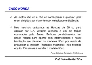 Prof. Helton Haddad Silva
As motos 250 cc e 350 cc começaram a quebrar, pois
eram dirigidas por maior tempo, velocidade e distância;
Nós mesmos usávamos as Hondas de 50 cc para
circular por L.A. Atraíam atenção e um dia fomos
contatados pela Sears. Embora persistíssemos em
nossa recusa para operar com intermediários e haver
hesitação em oferecer os modelos 50cc por medo de
prejudicar a imagem (mercado machista), não tivemos
opção. Passamos a vender o modelo 50cc.
CASO HONDACASO HONDA
Fonte: Safari de Estratégia - H. Mintzberg
 