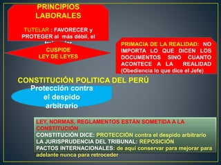PRINCIPIOS
LABORALES
TUTELAR : FAVORECER y
PROTEGER al más débil, el
trabajador PRIMACIA DE LA REALIDAD: NO
IMPORTA LO QUE DICEN LOS
DOCUMENTOS SINO CUANTO
ACONTECE A LA REALIDAD
(Obediencia lo que dice el Jefe)
CONSTITUCIÓN POLITICA DEL PERÚ
CUSPIDE
LEY DE LEYES
LEY, NORMAS, REGLAMENTOS ESTÁN SOMETIDA A LA
CONSTITUCIÓN
CONSTITUCIÓN DICE: PROTECCIÓN contra el despido arbitrario
LA JURISPRUDENCIA DEL TRIBUNAL: REPOSICIÓN
PACTOS INTERNACIONALES: de aquí conservar para mejorar para
adelante nunca para retroceder
Protección contra
el despido
arbitrario
 