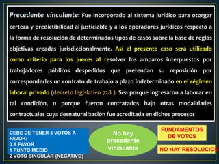 Precedente vinculante: Fue incorporado al sistema jurídico para otorgar
certeza y predictibilidad al justiciable y a los operadores jurídicos respecto a
la forma de resolución de determinados tipos de casos sobre la base de reglas
objetivas creadas jurisdiccionalmente. Así el presente caso será utilizado
como criterio para los jueces al resolver los amparos interpuestos por
trabajadores públicos despedidos que pretendan su reposición por
corresponderles un contrato de trabajo a plazo indeterminado en el régimen
laboral privado (decreto legislativo 728 ). Sea porque ingresaron a laborar en
tal condición, o porque fueron contratados bajo otras modalidades
contractuales cuya desnaturalización fue acreditada en dichos procesos
DEBE DE TENER 5 VOTOS A
FAVOR:
3 A FAVOR
1 PUNTO MEDIO
2 VOTO SINGULAR (NEGATIVO)
No hay
precedente
vinculante
FUNDAMENTOS
DE VOTOS
NO HAY RESOLUCION
 
