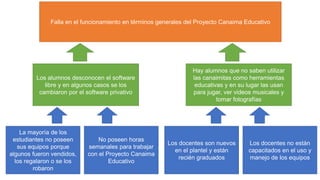 Falla en el funcionamiento en términos generales del Proyecto Canaima Educativo
Los alumnos desconocen el software
libre y...