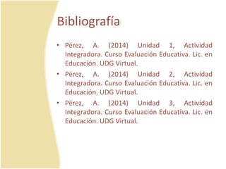 Bibliografía
• Pérez, A. (2014) Unidad 1, Actividad
Integradora. Curso Evaluación Educativa. Lic. en
Educación. UDG Virtual.
• Pérez, A. (2014) Unidad 2, Actividad
Integradora. Curso Evaluación Educativa. Lic. en
Educación. UDG Virtual.
• Pérez, A. (2014) Unidad 3, Actividad
Integradora. Curso Evaluación Educativa. Lic. en
Educación. UDG Virtual.
 