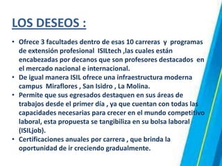 LOS DESEOS :
• Ofrece 3 facultades dentro de esas 10 carreras y programas
de extensión profesional ISILtech ,las cuales están
encabezadas por decanos que son profesores destacados en
el mercado nacional e internacional.
• De igual manera ISIL ofrece una infraestructura moderna
campus Miraflores , San Isidro , La Molina.
• Permite que sus egresados destaquen en sus áreas de
trabajos desde el primer día , ya que cuentan con todas las
capacidades necesarias para crecer en el mundo competitivo
laboral, esta propuesta se tangibiliza en su bolsa laboral
(ISILjob).
• Certificaciones anuales por carrera , que brinda la
oportunidad de ir creciendo gradualmente.
 