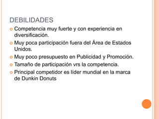 DEBILIDADESCompetencia muy fuerte y con experiencia en diversificación.Muy poca participación fuera del Área de Estados Unidos.Muy poco presupuesto en Publicidad y Promoción.Tamaño de participación vrs la competencia.Principal competidor es líder mundial en la marca de Dunkin Donuts