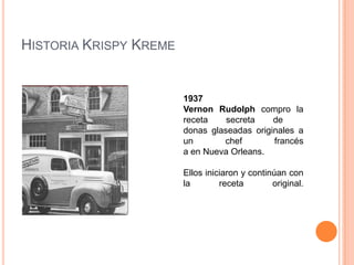 Historia Krispy Kreme1937Vernon Rudolph compro la receta secreta de   donas glaseadas originales a un chef francésa en Nueva Orleans.Ellos iniciaron y continúan con la receta original.