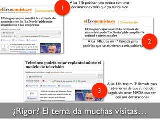¿Rigor? El tema da muchas visitas…
1
A las 11h publican una noticia con unas
declaraciones mías que yo nunca hice
2A las 14h, tras mi 1ª llamada para
pedirles que se atuvieran a mis palabras
3
A las 16h, tras mi 2ª llamada para
advertirles de que su noticia
seguía sin tener NADA que ver
con mis declaraciones
 