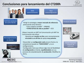 Conclusiones para lanzamiento del CT200h
                                     Débil                      Poca
                               posicionamiento            autoconfiguración




 Perfil del conductor                                                               Producto excelente
  de coche híbrido       •Dirigir la estrategia a mayor mercado de referencia
                         potenciando otros factores:
                              •“otra ciudad es posible” - URBANO
                              •“OTRO ESTILO de vida es posible” – ECO

                        •Mayor inversión en MKT de Comunicación y/o MKT de
                        Comunicación más eficaz:
                           •Apuesta por canales on-line, pero necesariamente
Microsegmentación          vinculado a un off-line de apoyo muy potente.
    en Jóvenes
                        •Desarrollar un configurador web pionero frente a la           Escaso impacto/
                        competencia basado en “EMOCIONES” y no en                        creación de
                        configuraciones.                                                  estímulos
                        •Configurador tiene que ofrecer algo más de flexibilidad
                        de configuración al cliente, equilibrándolo con sus
                        procesos de estandarización de producción. Modificar la
                        oferta.


                                                                                            Marketing Estratégico
                                                                                   EMBA XVI - Grupo 2 - Abril 2011
 