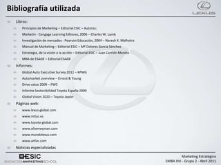 Bibliografía utilizada
  Libros:
     Principios de Marketing – Editorial ESIC – Autores:
     Marketin - Cengage Learning Editores, 2006 – Charles W. Lamb
     Investigación de mercados - Pearson Educación, 2004 – Naresh K. Malhotra
     Manual de Marketing – Editorial ESIC – Mª Dolores García Sánchez
     Estrategia, de la visión a la acción – Editorial ESIC – Juan Carrión Maroto
     MBA de ESADE – Editorial ESADE
  Informes:
     Global Auto Executive Survey 2011 – KPMG
     Automarket overview – Ernest & Young
     Drive value 2009 – PWC
     Informe Sostenibilidad Toyota España 2009
     Global Vision 2020 – Toyota Japón
  Páginas web:
     www.lexus-global.com
     www.mityc.es
     www.toyota-global.com
     www.oliverwyman.com
     www.mundolexus.com
     www.anfac.com
  Noticias especializadas

                                                                                            Marketing Estratégico
                                                                                   EMBA XVI - Grupo 2 - Abril 2011
 