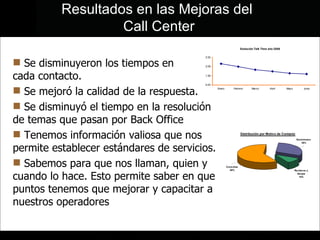 Se disminuyeron los tiempos en  cada contacto. Se mejoró la calidad de la respuesta. Se disminuyó el tiempo en la resolución de temas que pasan por Back Office Tenemos información valiosa que nos permite establecer estándares de servicios. Sabemos para que nos llaman, quien y cuando lo hace. Esto permite saber en que puntos tenemos que mejorar y capacitar a nuestros operadores Resultados en las Mejoras del  Call Center 