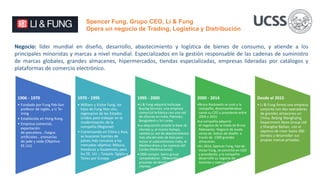 Negocio: líder mundial en diseño, desarrollo, abastecimiento y logística de bienes de consumo, y atiende a los
principales minoristas y marcas a nivel mundial. Especializados en la gestión responsable de las cadenas de suministro
de marcas globales, grandes almacenes, hipermercados, tiendas especializadas, empresas lideradas por catálogos y
plataformas de comercio electrónico.
Spencer Fung, Grupo CEO, Li & Fung
Opera un negocio de Trading, Logística y Distribución
1906 - 1970
• Fundado por Fung Pak-liun
profesor de inglés, y Li To-
ming .
• Establecida en Hong Kong.
• Empresa comercial,
exportación
de porcelana , fuegos
artificiales , artesanías
de jade y seda (Objetivo
EE.UU)
1970 - 1995
• William y Victor Fung, los
hijos de Fung Hon-chu,
regresaron de los Estados
Unidos para trabajar en la
modernización de la
compañía (Regional)
• Comenzando en China y Asia,
se buscaron fuentes de
países más cercanos a los
mercados objetivo: México,
Honduras y Guatemala, para
los EE. UU .; Turquía, Egipto y
Túnez por Europa.
1995 - 2000
•Li & Fung adquirió Inchcape
Buying Services ,una empresa
comercial británica con una red
de oficinas en India, Pakistán,
Bangladesh y Sri Lanka.
•La adquisición amplió la base de
clientes y, al mismo tiempo,
cambió su red de abastecimiento
más allá del este de Asia para
incluir el subcontinente indio, el
Mediterráneo y las cuencas del
Caribe (Multinacional).
•1999 compra Swire group
competidores . Obtención a
procesos de diseño y nuevos
clientes.
2000 - 2014
•Bruce Rockowitz se unió a la
compañía, desempeñándose
como su CEO y presidente entre
2004 y 2014.
•La compañía adquirió
el negocio de la moda de Bruce
Makowsky. Negocio de moda
venta de bolsos de diseño a
través de 1300 grandes
almacenes.
•En 2014, Spencer Fung, hijo de
Victor Fung, se convirtió en CEO
y presidente, y la compañía
desarrolló su negocio de
licencias y marcas globales
Desde el 2015
• Li & Fung formó una empresa
conjunta con dos operadores
de grandes almacenes en
China, Beijing Wangfujing
Department Store Group Ltd
y Shanghai Bailian, con el
objetivo de crear hasta 300
tiendas y desarrollar sus
propias marcas privadas.
 