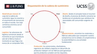 Orquestación de la cadena de suministro
Diseño: desde el concepto hasta el resumen
de diseño, el proceso de diseño convierte las
tendencias en productos que satisfacen las
necesidades del consumidor exigente de
hoy.
Abastecimiento: encontrar los materiales y
fábricas adecuados que comparten nuestro
compromiso con la calidad, el cumplimiento y
la sostenibilidad es una actividad
fundamental.
Producción: los comerciantes, diseñadores,
ingenieros de calidad y expertos en desarrollo de
productos trabajan con las fábricas para garantizar
que los productos cumplan con los requisitos.
Logística: las soluciones de
logística comienzan desde el
momento en que el producto
sale de la fábrica hasta el
momento en que llega a las
manos de un comprador feliz.
Retail (Al por menor): El
viaje de la cadena de
suministro sigue la creación y
el movimiento de mercancías
en todo el mundo. Ese viaje
comienza y termina con el
consumidor
 