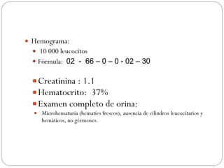 Hemograma: 10 000 leucocitos Fórmula:  02  -  66 – 0 – 0 - 02 – 30 Creatinina : 1.1 Hematocrito:  37% Examen completo de orina:  Microhematuria (hematíes frescos), ausencia de cilindros leucocitarios y hemáticos, no gérmenes. 