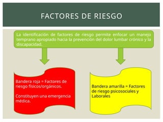 FACTORES DE RIESGO
La identificación de factores de riesgo permite enfocar un manejo
temprano apropiado hacia la prevención del dolor lumbar crónico y la
discapacidad.
Bandera roja = Factores de
riesgo físicos/orgánicos.
Constituyen una emergencia
médica.
Bandera amarilla = Factores
de riesgo psicosociales y
Laborales
 