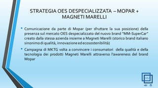• Comunicazione da parte di Mopar (per sfruttare la sua posizione) della
presenza sul mercato OES despecializzato del nuovo brand “MM-SuperCar”
creato dalla stessa azienda insieme a Magneti Marelli (storico brand italiano
sinonimodi qualità, innovazioneedecosostenibilità)
• Campagna di MKTG volta a convincere i consumatori della qualità e della
tecnologia dei prodotti Magneti Marelli attraverso l’awareness del brand
Mopar
STRATEGIA OES DESPECIALIZZATA – MOPAR +
MAGNETI MARELLI
 