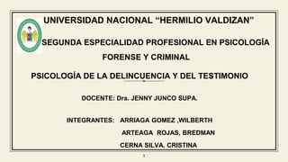 1
UNIVERSIDAD NACIONAL “HERMILIO VALDIZAN”
SEGUNDA ESPECIALIDAD PROFESIONAL EN PSICOLOGÍA
FORENSE Y CRIMINAL
PSICOLOGÍA DE LA DELINCUENCIA Y DEL TESTIMONIO
DOCENTE: Dra. JENNY JUNCO SUPA.
INTEGRANTES: ARRIAGA GOMEZ ,WILBERTH
ARTEAGA ROJAS, BREDMAN
CERNA SILVA, CRISTINA
 
