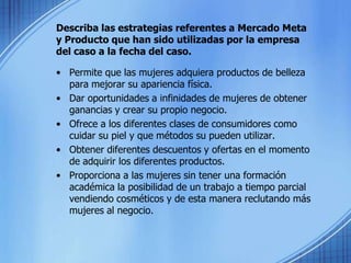 Describa las estrategias referentes a Mercado Meta y Producto que han sido utilizadas por la empresa del caso a la fecha del caso.Permite que las mujeres adquiera productos de belleza para mejorar su apariencia física.Dar oportunidades a infinidades de mujeres de obtener ganancias y crear su propio negocio.Ofrece a los diferentes clases de consumidores como cuidar su piel y que métodos su pueden utilizar.Obtener diferentes descuentos y ofertas en el momento de adquirir los diferentes productos.Proporciona a las mujeres sin tener una formación académica la posibilidad de un trabajo a tiempo parcial vendiendo cosméticos y de esta manera reclutando más mujeres al negocio.
