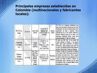 Principales empresas establecidas en Colombia (multinacionales y fabricanteslocales):