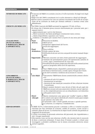 MONOGRAFIA                                  marketing

TENDENZE DI MERCATO                         • Il mercato del B&B è in costante crescita a livello nazionale, fin dagli inizi degli
                                              anni ’90.
                                            • Dagli inizi del 2000 è considerato tra le scelte alternative a Hotel ed Alberghi.
                                            • Questo settore economico ha visto un continuo incremento del livello di occupa-
                                              zione ed ha costituito un modo per sfruttare ambienti e strutture ormai semi
                                              abbandonate.
CRESCITA DI MERCATO                         • Nel 2006 il mercato del B&B nazionale ha raggiunto 155 mln. di Euro.
                                            • Si ritiene che il fatturato possa crescere ulteriormente per i prossimi anni, per i
                                              seguenti motivi:
                                              .. apprezzamento per i servizi che fornisce;
                                              .. fattori economici che fanno prediligere sistemazioni meno costose;
                                              .. ridotta disponibilità a spostarsi con l’aereo;
                                              .. tendenza a concedersi più vacanze brevi al posto di una unica più lunga.
ANALISI SWOT                                • Punti          • Posizione invidiabile.
(PUNTI DI FORZA                               di forza       • Molti servizi.
E DEBOLEZZA, RISCHI                                          • Proprietari appassionati del lavoro.
E OPPORTUNITÀ)                                               • Facile da raggiungere.
                                            • Punti          • Poca visibilità.
                                              di debolezza   • Poche camere da letto.
                                                             • Difficoltà di elevato servizio con pochi lavoratori manuali dispo-
                                                               nibili.
                                            • Opportunità    • Mercato crescente con tanti clienti potenziali da raggiungere.
                                                             • Aumento dei pernottamenti grazie all’esponenziale aumento di
                                                               eventi, sagre e manifestazioni di vario tipo.
                                                             • Possibilità di diventare sempre più efficienti nella comunicazione
                                                               grazie al progredire della curva di esperienza.

                                            • Minacce        • Nuovi B&B entranti, disponibili a praticare prezzi più bassi.
                                                             • Gli hotel si familiarizzano, avendo capito i bisogni dei Clienti.
                                                             • Calo dell’economia e tendenza ad accorciare le vacanze.
CONCORRENTI                                 • Altri B&B      • Tipicamente i B&B hanno alcune caratteristiche comuni e distin-
(PUNTI DI FORZA                                                tive:
E DEBOLEZZA, RISCHI                                            .. presenza di solo 4-6 camere;
E OPPORTUNITÀ)                                                 .. prenotazioni in anticipo;
                                                               .. presenza di una stanza per consentire di fare colazione insieme
                                                                  e socializzare.
                                                             • Questi caratteri distintivi sono dovuti al fatto che gli ospiti dei
                                                               B&B non cercano solo una camera dove dormire, ma un’esperien-
                                                               za che comprende persone con cui chiacchierare e un’atmosfera
                                                               nella quale essere viziati.
                                            • Hotel/         • Queste sistemazioni sono spesso più “scialbe” rispetto ai B&B.
                                              Alberghi       • Le camere sono spesso identiche ed i clienti le usano quasi sempre
                                                               per passarci una notte sola.
                                                             • Il personale vede i clienti quando arrivano e quando partono.
                                                             • La colazione, se compresa, è standardizzata.
SERVIZI OFFERTI                             • Il B&B ALFA è relativamente piccolo e attraente e offre ai visitatori un posto
                                              rilassante per fine settimana di evasione, cambio di scenario, eventi sociali o
                                              culturali, pause di lavoro. La struttura ha un ampio locale centrale che permette ai
                                              viaggiatori di socializzare.
                                            • I clienti riceveranno la personale attenzione del personale che risponderanno a
                                              tutti i bisogni manifestati.
                                            • Alla mattina viene servita una colazione a buffet, che incontra tutte le necessità
                                              di diete o restrizioni alimentari. Il mare dista 10 minuti a piedi e i clienti sono
                                              incoraggiati a prendere confidenza con la natura circostante attraverso alcuni
                                              sentieri segnalati.

58   RATIOSoluzioni   N . 4 / 2 0 0 8   -   6 4 4 0
 