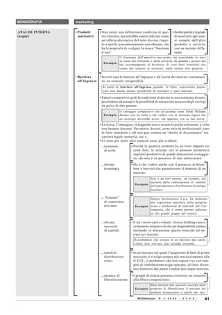 MONOGRAFIA        marketing

ANALISI INTERNA   • Prodotti       • Non esiste una definizione condivisa di que-             • In altre parole è in grado
(segue)             sostitutivi      sto concetto, ma potrebbe essere indicato come             di assolvere agli stes-
                                     un’offerta alternativa del tutto diversa rispet-           si compiti dell’altro
                                     to a quella precedentemente considerata, che               prodotto o servizio,
                                     ha la proprietà di svolgere la stessa “funzione            con un metodo diffe-
                                     d’uso”.                                                    rente.
                                                     Il fenomeno dell’aperitivo pre-serata, sta esercitando lo stes-
                                                     so ruolo del ristorante o della pizzeria, da quando i gestori dei
                                     Esempio
                                                     bar accompagnano al bicchiere di vino lauti banchetti che
                                                     vanno dai salatini ai sottaceti, dalle tartine alle patatine.

                  • Barriere       • In certi casi le barriere all’ingresso e all’uscita dei mercati costituisco-
                    all’ingresso     no un ostacolo insuperabile.
                                     Si parla di barriere all’ingresso quando, di fatto, concorrenti poten-
                                     ziali non hanno alcuna possibilità di accedere a quel mercato.

                                   • Fattori competitivi quali la tradizione di decine se non centinaia di anni,
                                     precludono ad esempio la possibilità di entrare nel mercato degli orologi
                                     da polso di alta gamma.
                                                   Il vantaggio competitivo che un’azienda come Patek Philippe
                                     E s e m p i o detiene non ha nulla a che vedere con la funzione logica che
                                                   un orologio dovrebbe avere, ma appunto con la sua storia.
                                   • La storia, l’immagine, la leggenda non si creano in poche settimane: a volte
                                     non bastano decenni. Per motivi diversi, certe attività professionali sono
                                     di fatto interdette a chi non può vantare un “diritto di discendenza” (es.
                                     carriera legale, notrarile, ecc.).
                                   • Ci sono poi molti altri ostacoli assai più evidenti:
                                    .. economie               • Poiché la quantità prodotta ha un forte impatto sui
                                       di scala                 costi fissi, le aziende che si possono permettere
                                                                impianti produttivi di grandi dimensioni scoraggia-
                                                                no chi non è in possesso di tale attrezzatura.
                                    .. elevata               • Ha a che vedere anche con il possesso di know-
                                       tecnologia              how e brevetti che garantiscono il dominio di un
                                                               mercato.
                                                                            Non è da tutti entrare, ad esempio, nel
                                                                            mercato della realizzazione di centrali
                                                                Esempio
                                                                            per la produzione e distribuzione di energia
                                                                            nucleare.

                                    .. “Volume”                               Alenia Aeronautica S.p.a. ha maturato
                                       di esperienza                          una esperienza specifica nella progetta-
                                       rilevante                E s e m p i o zione e produzione di materiali per l’ae-
                                                                              ronautica, che è ormai partner indiscus-
                                                                              so dei grandi gruppi del settore.

                                    .. elevata                • È tra i motivi più evidenti. Grosse holding cinesi,
                                       necessità                certamente non prive di elevate disponibilità, stanno
                                       di capitali              mettendo in discussione questo ostacolo all’en-
                                                                trata nei mercati.
                                                                Ricordiamoci che entrare in un mercato può anche
                                                                volere dire rilevare una azienda esistente.


                                    .. canali di             • In un mercato nel quale l’acquirente di beni di prima
                                       distribuzione           necessità si rivolge sempre più massicciamente alla
                                       critici                 G.D.O., il produttore che non sopravvive con mar-
                                                               gini di contribuzione esigui non può, di fatto, diven-
                                                               tare fornitore del punto vendita iper/super mercato.

                                    .. assenza di             • I gruppi di potere possono costituire un ostacolo
                                       liberalizzazione         alla libera competizione.
                                                                              Basti pensare alle reazioni suscitate dalle
                                                                E s e m p i o proposte di liberalizzare il mercato dei
                                                                              prodotti farmaceutici e quello dei taxi.
                                                                  RATIOSoluzioni   N . 4 / 2 0 0 8   -   6 4 4 0         41
 