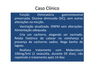 Caso Clínico 
Função Eliminatória gastrointestinal 
preservada. Diurese diminuída (SIC), sem outras 
alterações na micção. 
Vacinação atualizada. DNPM sem alterações. 
Alimentação adequada. 
Cria um cachorro, aalleeggaannddoo sseerr vvaacciinnaaddoo.. 
Relata histórico de calazar na vizinhança e 
presença de cachorros vadios. Nega banho de 
lagoas. 
Realizou tratamento com Mebendazol 
100mg/5ml (2 vezes/dia, durante 03 dias), não 
repetindo o tratamento após 14 dias. 
 