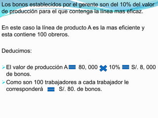 Los bonos establecidos por el gerente son del 10% del valor
de producción para el que contenga la línea mas eficaz.
En este caso la línea de producto A es la mas eficiente y
esta contiene 100 obreros.
Deducimos:
El valor de producción A 80, 000 10% S/. 8, 000
de bonos.
Como son 100 trabajadores a cada trabajador le
corresponderá S/. 80. de bonos.
 