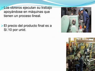Los obreros ejecutan su trabajo
apoyándose en máquinas que
tienen un proceso lineal.
El precio del producto final es a
S/.10 por unid.
 