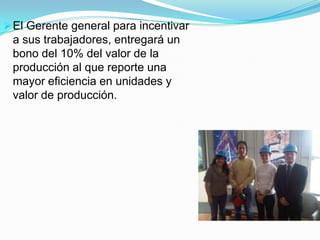 El Gerente general para incentivar
a sus trabajadores, entregará un
bono del 10% del valor de la
producción al que reporte una
mayor eficiencia en unidades y
valor de producción.
 