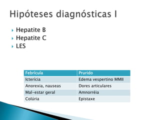    Hepatite B
   Hepatite C
   LES



       Febrícula           Prurido
       Icterícia           Edema vespertino MMII
       Anorexia, nauseas   Dores articulares
       Mal-estar geral     Amnorréia
       Colúria             Epistaxe
 