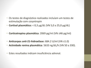 • Os testes de diagnóstico realizados incluíam um testes de
estimulação com cosyntropin
• Cortisol plasmático: < 0,3 μg/dL (VN 5,0 a 25,0 μg/dL)
• Corticotropina plasmática: 2069 pg/ml (VN ≤46 pg/ml)
• Anticorpos anti-21-hidroxilase: 684.2 U/ml (VN ≤1.0)
• Actividade renina plasmática: 5633 ng/dL/h (VN 50 a 330).
• Estes resultados indicam insuficiência adrenal.
 
