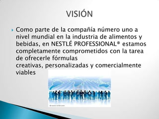    Como parte de la compañía número uno a
    nivel mundial en la industria de alimentos y
    bebidas, en NESTLÉ PROFESSIONAL® estamos
    completamente comprometidos con la tarea
    de ofrecerle fórmulas
    creativas, personalizadas y comercialmente
    viables
 