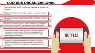 CULTURA ORGANIZACIONAL
La estructura de Netflix refleja una organización orgánica y
funcional.
Dependiendo de las funciones que realiza la empresa, se ordenan
las áreas.
Se caracteriza por una organización sencilla y una rápida toma de
decisiones.
Se enfoca en el cliente y evalúa continuamente lo que sucede en
el entorno y las decisiones que se pueden tomar dentro de él.
La empresa cuenta con áreas de gestión y soporte, además de
áreas operativas como desarrollo de tecnología y gestión de
plataformas de comunicación, que constituyen la tecnología
requerida para el streaming.
Desempeñan un papel importante en el sentido de que son
responsables de probar, mantener, mejorar la prestación de
servicios, cambiar las interfaces de usuario y otros sistemas de
uso interno.
 