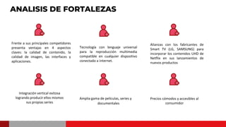 ANALISIS DE FORTALEZAS
Frente a sus principales competidores
presenta ventajas en 4 aspectos
claves: la calidad de contenido, la
calidad de imagen, las interfaces y
aplicaciones.
Amplia gama de películas, series y
documentales
Precios cómodos y accesibles al
consumidor
Tecnología con lenguaje universal
para la reproducción multimedia
compatible en cualquier dispositivo
conectado a internet.
Alianzas con los fabricantes de
Smart TV (LG, SAMSUNG) para
incorporar los contenidos UHD de
Netflix en sus lanzamientos de
nuevos productos
Integración vertical exitosa
logrando producir ellos mismos
sus propias series
 