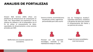 ANALISIS DE FORTALEZAS
Netflix tiene una creciente captación de
suscriptores.
Personal con alta capacidad
tecnológica, motivado y con
habilidad de trabajo en equipo.
Imagen de marca consolidada a
nivel internacional
Servicio al cliente, recomendaciones
de películas y series, sugerencias
personalizadas para cada usuario
Uso de “Inteligencia Analítica”,
capacidad matemática, estadística
y de gestión de datos para analizar
el comportamiento del cliente y
sus patrones de compra.
Amazon Web Services (AWS) ofrece una
plataforma de infraestructura de computación en
nube. Han "desarrollado una arquitectura" de los
sistemas de software y de la computadora con el
fin de utilizar el procesamiento de datos,
capacidades de almacenamiento y otros servicios
prestados por AWS
 
