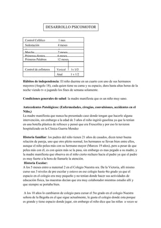 Â cuantos meses se sento solo
Hábitos de independencia: El niño duerme en un cuarto con uno de sus hermanos
mayores (Angelo 18), cada quien tiene su cama y su espacio, dura hasta altas horas de la
noche viendo tv o jugando los fines de semana solamente.
Condiciones generales de salud: la madre manifiesta que es un niño muy sano.
Antecedentes Patológicos: (Enfermedades, cirugías, convulsiones, accidentes en el
Niño,)
La madre manifiesta que nunca ha presentado caso donde tengan que hacerle alguna
intervención, sin embargo a la edad de 3 años el niño ingirió gasolina ya que la tenían
en una botella plástica de refresco y pensó que era Frescolita y por eso lo tuvieron
hospitalizado en la Clinica Guerra Mendez
Historia familiar: los padres del niño tienen 21 años de casados, dicen tener buena
relación de pareja, uno que otro pleito normal, los hermanos se llevan bien entre ellos,
aunque el niño pelea más con su hermano mayor (Marcos 19 años), pero a pesar de que
pelea más con él, es con quien más se la pasa, sin embargo es mas pegado a su madre, y
la madre manifiesta que observa en el niño cierto rechazo hacia el padre ya que el padre
es muy fuerte a la hora de llamarle la atención.
Historia Escolar:
A los 5 meses entro a maternal 2 en el Colegio Nuestra sra. De la Victoria, allí mismo
curso sus 3 niveles de pre escolar y estuvo en ese colegio hasta 4to grado ya que el
espacio en el colegio era muy pequeño y no tenían donde hacer sus actividades de
educación física, las maestras decían que era muy colaborador mientras estudio allí y
que siempre se portaba bien.
A los 10 años lo cambiaron de colegio para cursar el 5to grado en el colegio Nuestra
señora de la Begoña en el que sigue actualmente, le gusta el colegio donde esta porque
es grande y tiene espacio donde jugar, sin embargo el niño dice que las niñas a veces se
DESARROLLO PSICOMOTOR
Control Cefálico 1 mes
Sedestación 4 meses
Gateo 5 meses
Marcha 7 meses
Primeros dientes 6 meses
Primeras Palabras 12 meses
Control de esfínteres Vesical 1y 1/2
Anal 1 y 1/2
 