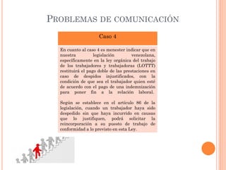 PROBLEMAS DE COMUNICACIÓN
Caso 4
En cuanto al caso 4 es menester indicar que en
nuestra legislación venezolana,
específicamente en la ley orgánica del trabajo
de los trabajadores y trabajadoras (LOTTT)
restituirá el pago doble de las prestaciones en
caso de despidos injustificados, con la
condición de que sea el trabajador quien esté
de acuerdo con el pago de una indemnización
para poner fin a la relación laboral.
Según se establece en el artículo 86 de la
legislación, cuando un trabajador haya sido
despedido sin que haya incurrido en causas
que lo justifiquen, podrá solicitar la
reincorporación a su puesto de trabajo de
conformidad a lo previsto en esta Ley.
 