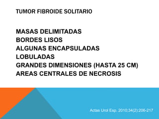 TUMOR FIBROIDE SOLITARIO
MASAS DELIMITADAS
BORDES LISOS
ALGUNAS ENCAPSULADAS
LOBULADAS
GRANDES DIMENSIONES (HASTA 25 CM)
AREAS CENTRALES DE NECROSIS
Actas Urol Esp. 2010;34(2):206-217
 