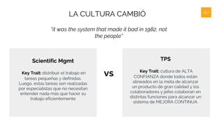 “it was the system that made it bad in 1982, not
the people”
LA CULTURA CAMBIÓ
TPS
Key Trait: cultura de ALTA
CONFIANZA donde todos están
alineados en la meta de alcanzar
un producto de gran calidad y los
colaboradores y jefes colaboran en
distintas funciones para alcanzar un
sistema de MEJORA CONTINUA.
Scientific Mgmt
Key Trait: distribuir el trabajo en
tareas pequeñas y definidas.
Luego, estas tareas son realizadas
por especialistas que no necesitan
entender nada más que hacer su
trabajo eficientemente
vs.
 