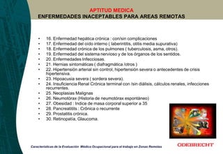 APTITUD MEDICA
ENFERMEDADES INACEPTABLES PARA AREAS REMOTAS
• 16. Enfermedad hepática crónica : con/sin complicaciones
• 17. Enfermedad del oído interno ( laberintitis, otitis media supurativa)
• 18. Enfermedad crónica de los pulmones ( tuberculosis, asma, otros).
• 19. Enfermedad del sistema nervioso y de los órganos de los sentidos.
• 20. Enfermedades Infecciosas.
• 21. Hernias sintomáticas ( diafragmática /otros )
• 22. Hipertensión arterial sin control, hipertensión severa o antecedentes de crisis
hipertensiva.
• 23. Hipoacusia severa ( sordera severa).
• 24. Insuficiencia Renal Crónica terminal con /sin diálisis, cálculos renales, infecciones
recurrentes.
• 25. Neoplasias Malignas
• 26. Neumotórax (Historia de neumotórax espontáneo)
• 27. Obesidad : Indice de masa corporal superior a 35
• 28. Pancreatitits : Crônica o recurrente
• 29. Prostatitis crónica.
• 30. Retinopatía, Glaucoma.
Características de la Evaluación Médico Ocupacional para el trabajo en Zonas Remotas
 