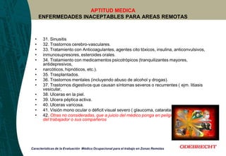 APTITUD MEDICA
ENFERMEDADES INACEPTABLES PARA AREAS REMOTAS
• 31. Sinusitis
• 32. Trastornos cerebro-vasculares.
• 33. Tratamiento con Anticoagulantes, agentes cito tóxicos, insulina, anticonvulsivos,
• inmunosupresores, esteroides orales.
• 34. Tratamiento con medicamentos psicotrópicos (tranquilizantes mayores,
antidepresivos,
• narcóticos, hipnóticos, etc.).
• 35. Trasplantados.
• 36. Trastornos mentales (incluyendo abuso de alcohol y drogas).
• 37. Trastornos digestivos que causan síntomas severos o recurrentes ( ejm. litiasis
vesicular,
• 38. Ulceras en la piel.
• 39. Ulcera péptica activa.
• 40. Ulceras varicosa.
• 41. Visión mono ocular o déficit visual severo ( glaucoma, cataratas, miopía severa).
• 42. Otras no consideradas, que a juicio del médico ponga en peligro la integridad física
del trabajador o sus compañeros
Características de la Evaluación Médico Ocupacional para el trabajo en Zonas Remotas
 