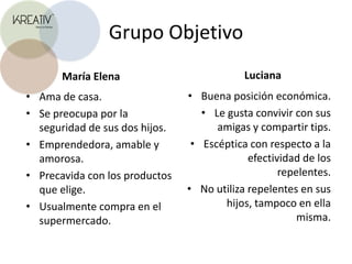 Grupo ObjetivoLucianaMaría ElenaBuena posición económica.Le gusta convivir con sus amigas y compartir tips.Escéptica con respecto a la efectividad de los repelentes.No utiliza repelentes en sus hijos, tampoco en ella misma.Ama de casa.Se preocupa por la seguridad de sus dos hijos.Emprendedora, amable y amorosa.Precavida con los productos que elige.Usualmente compra en el supermercado.