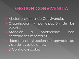  Ajustes al Manual de Convivencia.
 Organización y participación de los
  padres.
 Atención       a      poblaciones   con
  necesidades especiales.
 Liderar la construcción del proyecto de
  vida de los estudiantes.
 El Conflicto escolar.
 